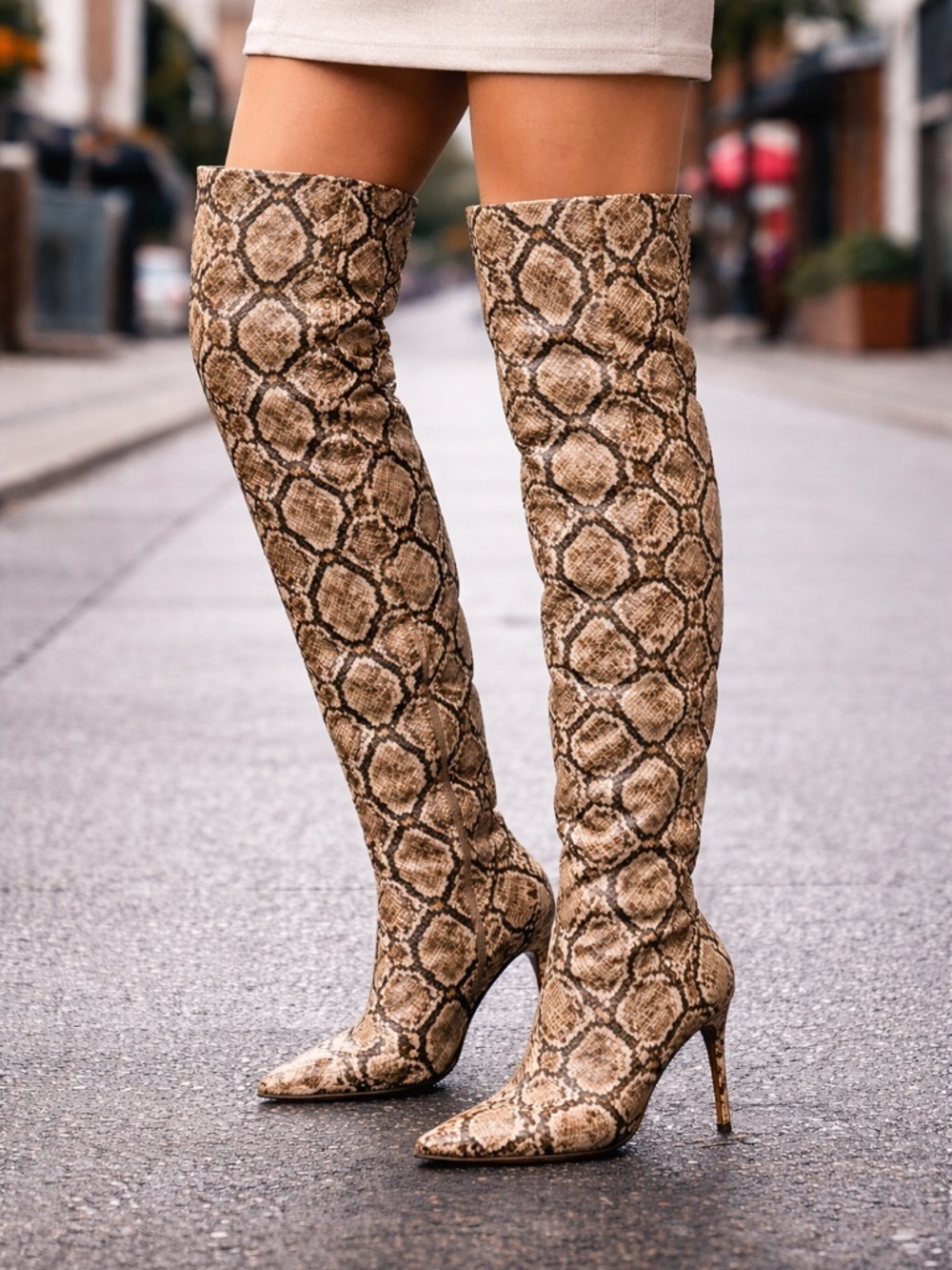 River Island Beige Snake-Print Over-the-Knee Stiletto Boots
